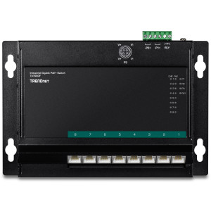 TRENDnet TI-PG80F 8-Port Gigabit Ethernet Front Access Switch, 8 Gigabit PoE+ ports, 16 Gbps switching capacity, DIN-rail/Magnet